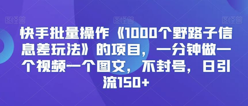 快手批量操作《1000个野路子信息差玩法》的项目，一分钟做一个视频一个图文，不封号，日引流150+【揭秘】-狄威团队
