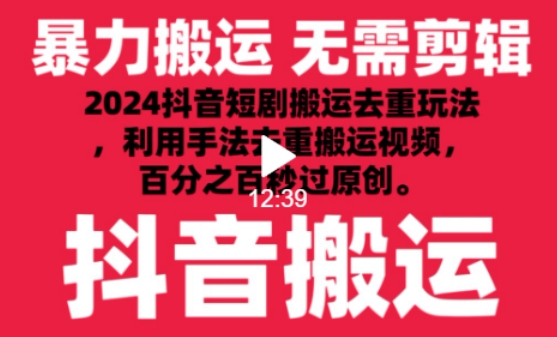 2024最新抖音搬运技术，抖音短剧视频去重，手法搬运，利用工具去重，达到秒过原创的效果-狄威团队