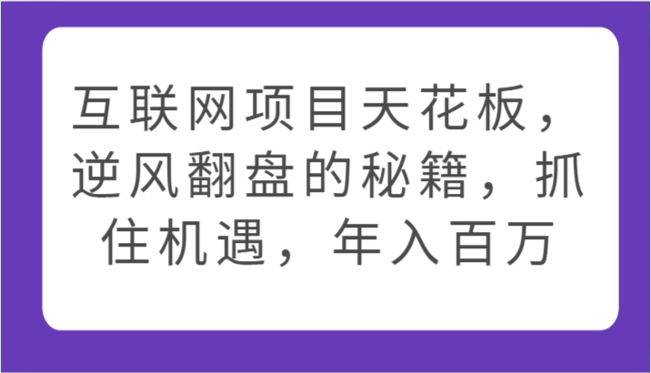 互联网项目天花板，逆风翻盘的秘籍，抓住机遇，年入百万-狄威团队