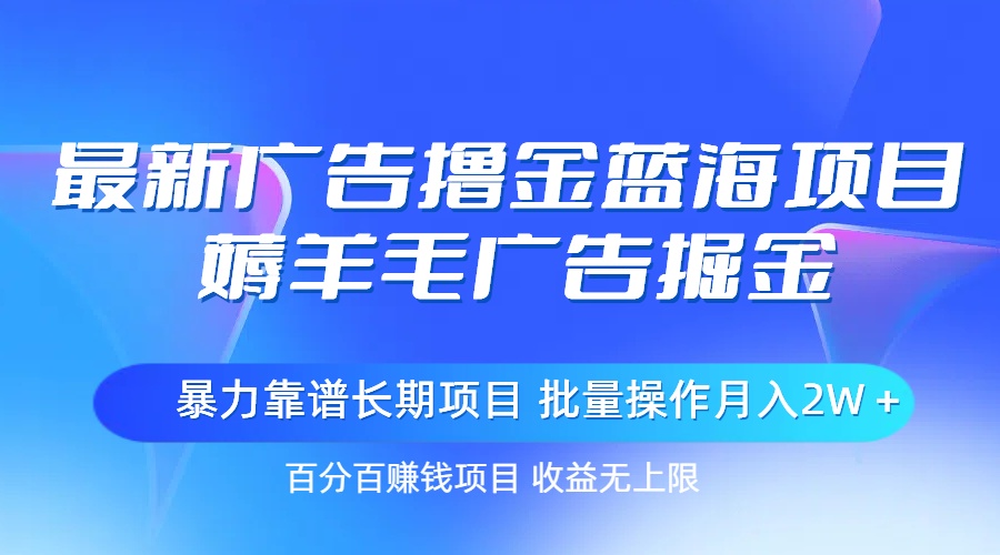 最新广告撸金蓝海项目，薅羊毛广告掘金 长期项目 批量操作月入2W＋-狄威团队