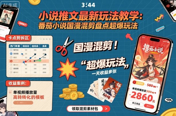 小说推文最新玩法教学，番茄小说国漫混剪盘点超爆玩法，全程干货，一天收益多张-狄威团队