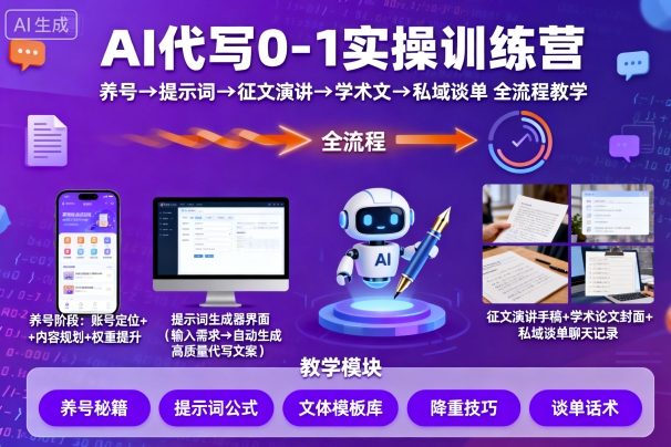 AI代写0-1实操训练营，从养号、提示词、征文演讲、学术文，到私域谈单的全流程教学-狄威团队