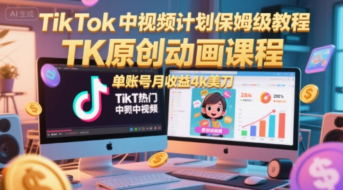 TikTok中视频计划保姆级教程，TK原创动画课程，单账号月收益4k美刀-狄威团队