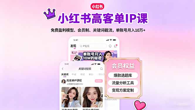 小红书高客单IP课，免费盈利模型、会员制、关键词截流，单账号月入10万+-狄威团队