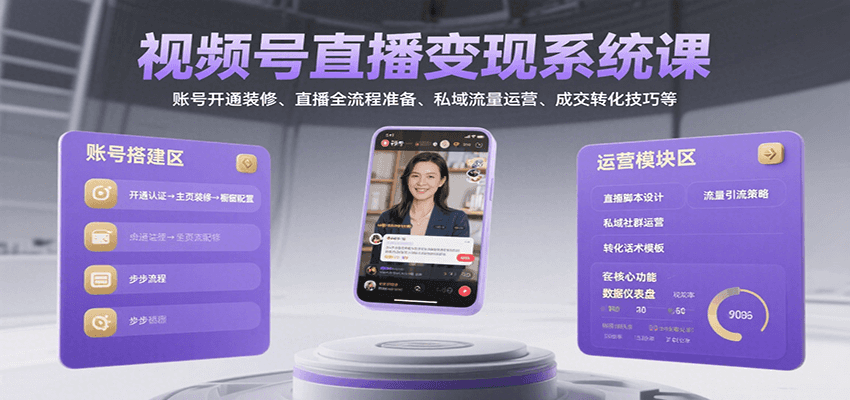 视频号直播变现系统课，账号开通装修、直播全流程准备、私域流量运营、成交转化技巧等-狄威团队