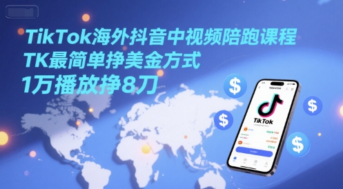 TikTok海外抖音中视频陪跑课程，TK最简单挣美金方式，1万播放挣8刀-狄威团队