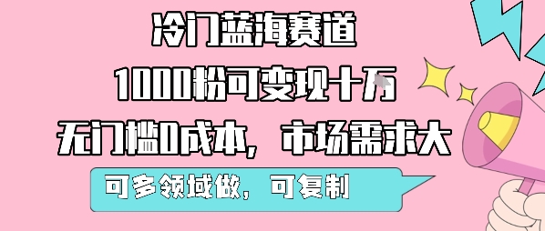 冷门蓝海赛道，1000粉可变现十W，无门槛0成本，市场需求大，可多领域做，可复制性强-狄威团队