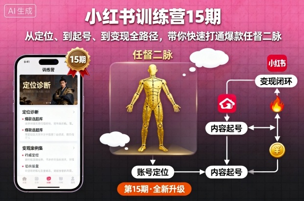 小红书训练营15期，从定位、到起号、到变现全路径，带你快速打通爆款任督二脉-狄威团队