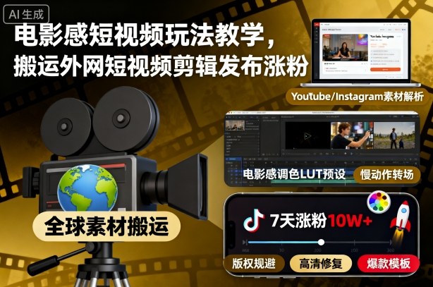 电影感短视频玩法教学，搬运外网短视频剪辑发布涨粉-狄威团队