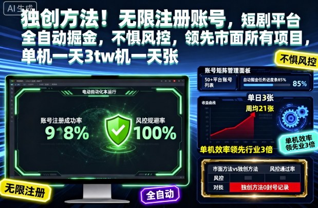 独创方法！无限注册账号，短剧平台全自动掘金，不惧风控，领先市面所有项目，单机一天3张【揭秘】-狄威团队