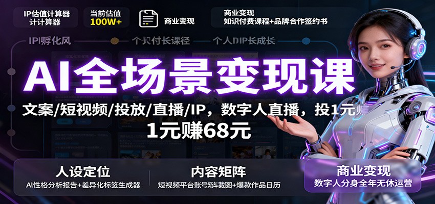 AI全场景变现课：文案/短视频/投放/直播/IP，数字人直播，投1元赚68元-狄威团队