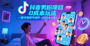 抖音男粉项目0成本玩法，一部手机即可操作，日均4张+，时间自由-狄威团队