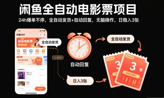 闲鱼全自动电影票项目，24h爆单不停，全自动发货+自动回复，无脑操作，日稳入3张【揭秘】-狄威团队