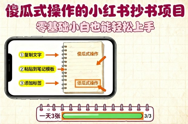 傻瓜式操作的小红书抄书项目，会复制粘贴就行，零基础小白也能一天3张-狄威团队