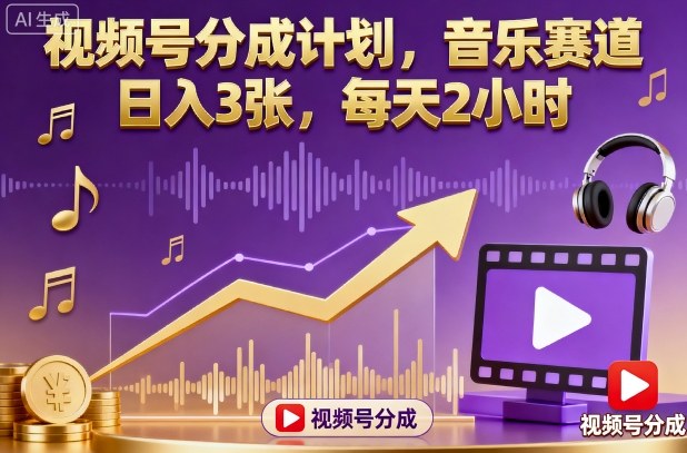 视频号分成计划，音乐赛道，日入3张，每天2小时-狄威团队