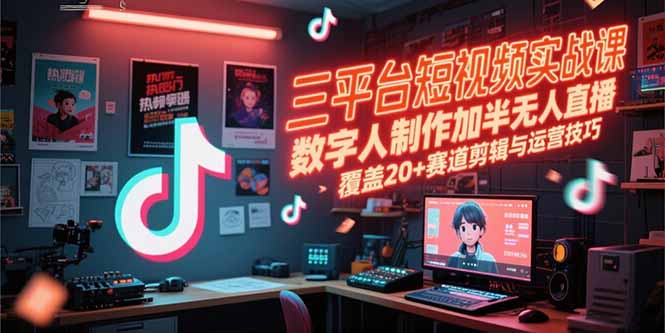 三平台短视频实战课，数字人制作加半无人直播，覆盖20+赛道剪辑与运营技巧-狄威团队