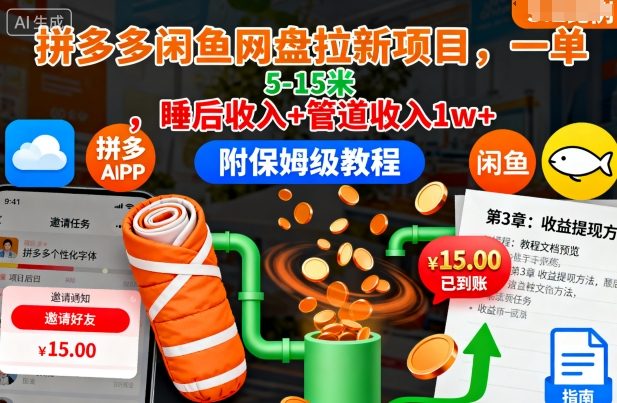 拼多多闲鱼网盘拉新项目，一单5-15米，睡后收入+管道收入1w+(附保姆级教程)-狄威团队