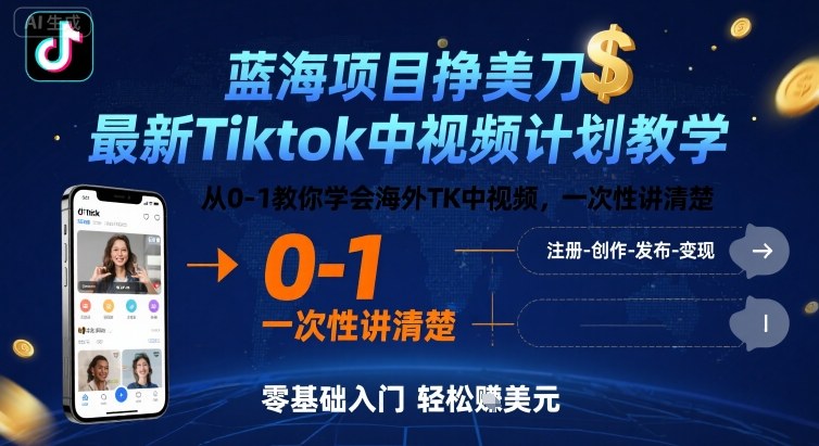 蓝海项目挣美刀，最新Tiktok中视频计划教学，从0-1教你学会海外TK中视频，一次性讲清楚-狄威团队