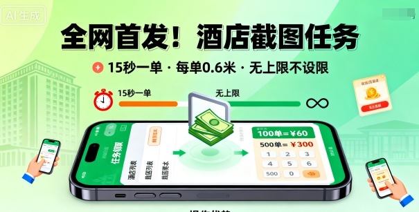 全网首发！酒店截图任务，15秒一单，每单0.6米，任务无上限不设限，矩阵操作单日3张到手【揭秘】-狄威团队