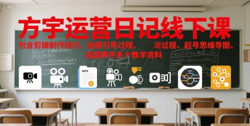 方宇运营日记线下课，包含剪辑制作技巧、拍摄引导过程、起号思维导图、选题等多个教学资料-狄威团队