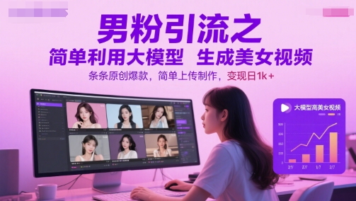 男粉引流之简单利用大模型生成美女视频，条条原创爆款，简单上传制作，变现日1k+-狄威团队