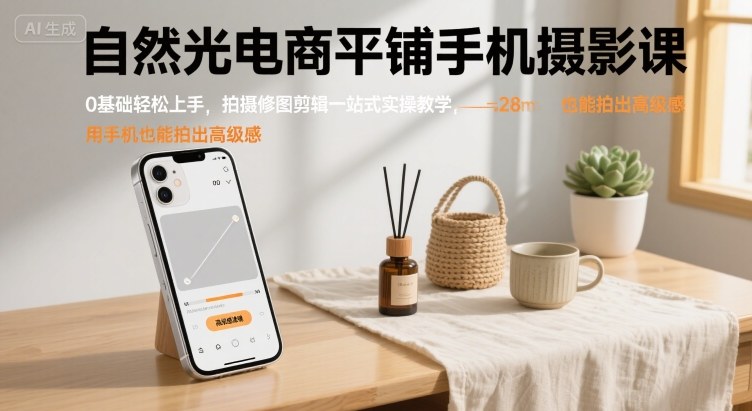 自然光电商平铺手机摄影课，0基础轻松上手，拍摄修图剪辑一站式实操教学，用手机也能拍出高级感-狄威团队