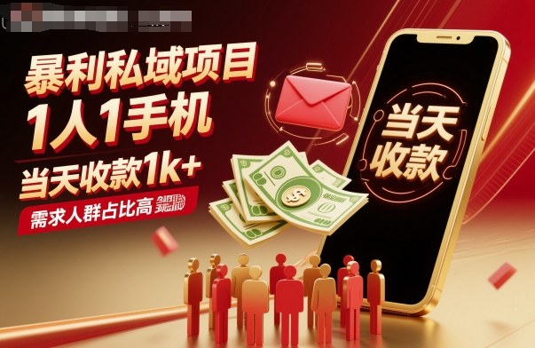 暴利私域项目1人1手机，当天收款1k+，需求人群占比高，当天就能见到钱-狄威团队