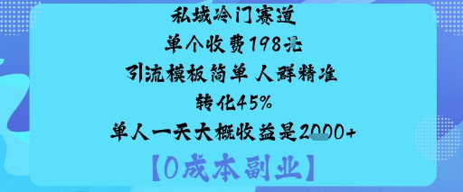 私域冷门赛道:单个收费198米引流模板简单人群精准转化45%单人一天大概收益是1k+-狄威团队