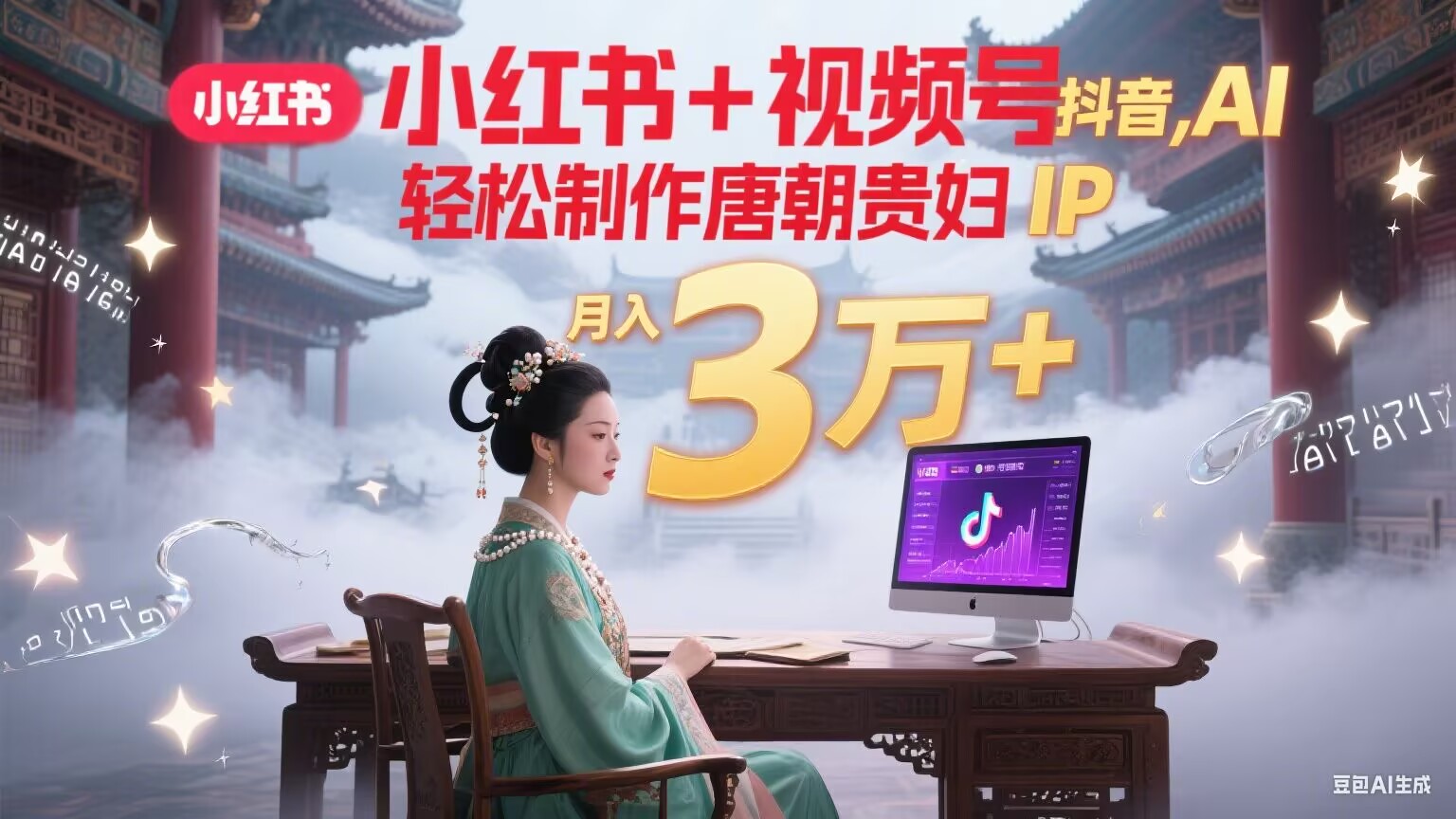 小红书+视频号+抖音，AI轻松制作唐朝贵妇IP，毒鸡汤、励志、减肥瘦身、养生赛道轻松切入，每天30分钟，轻松产出N条，月入3万+-狄威团队