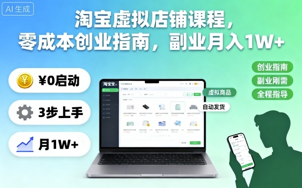 淘宝虚拟店铺课程，零成本创业指南，副业月入1W+-狄威团队