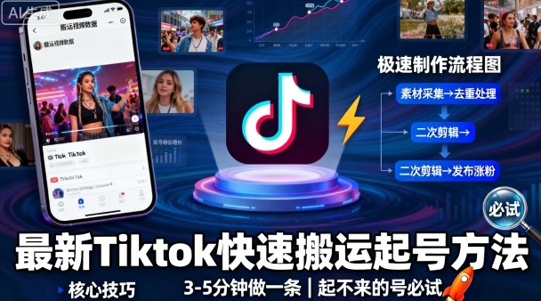 最新Tiktok快速搬运快速起号方法，3-5分钟做一条，起不来的号可以试试-狄威团队