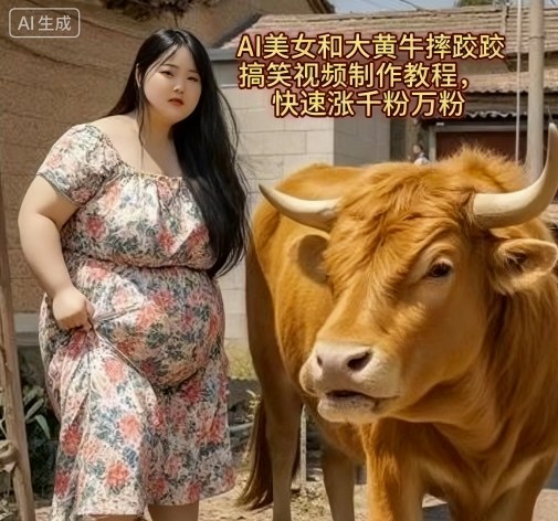 AI美女和大黄牛摔跤搞笑荒诞视频制作教程，快速涨千粉万粉-狄威团队