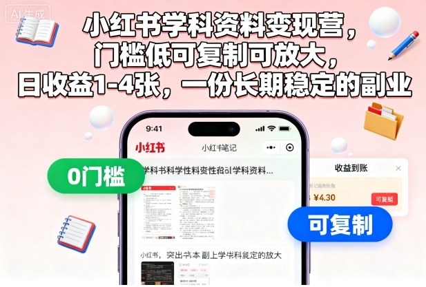 小红书学科资料变现营，门槛低可复制可放大，日收益1-4张，一份长期稳定的副业-狄威团队