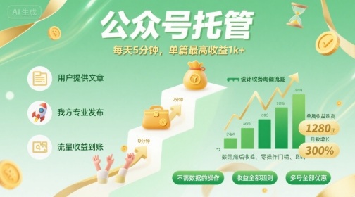【公众号托管 】我提供文章，你发布，每天5分钟，单篇最高收益1k+【揭秘】-狄威团队