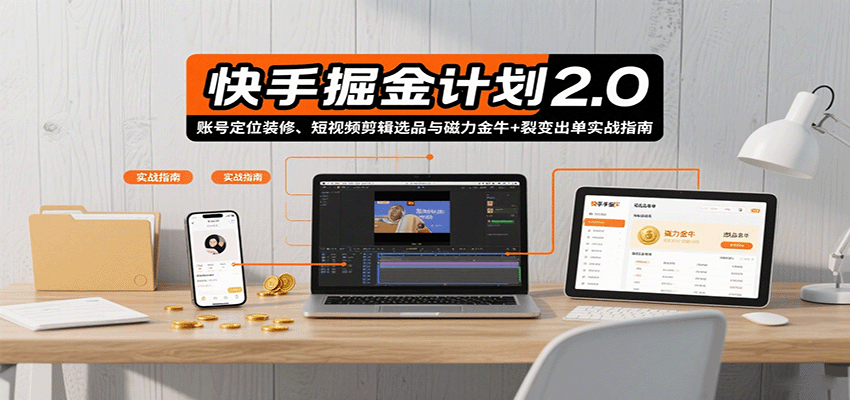 快手掘金计划2.0，账号定位装修、短视频剪辑选品与磁力金牛+裂变出单实战指南-狄威团队