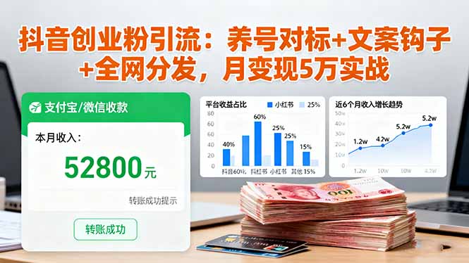 抖音创业粉引流：养号对标+文案钩子+全网分发，月变现5万实战-狄威团队