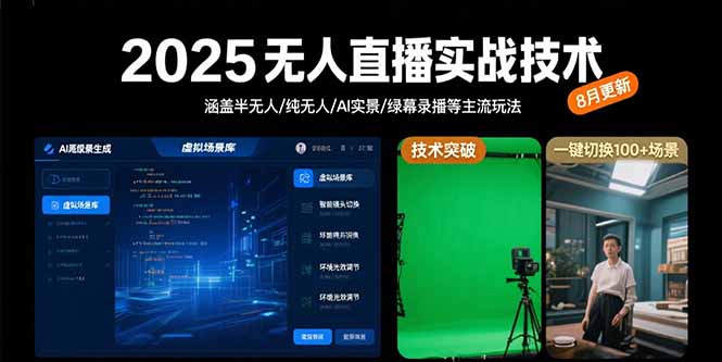 2025无人直播实战技术-8月，涵盖半无人/纯无人/AI实景/绿幕录播等主流玩法-狄威团队